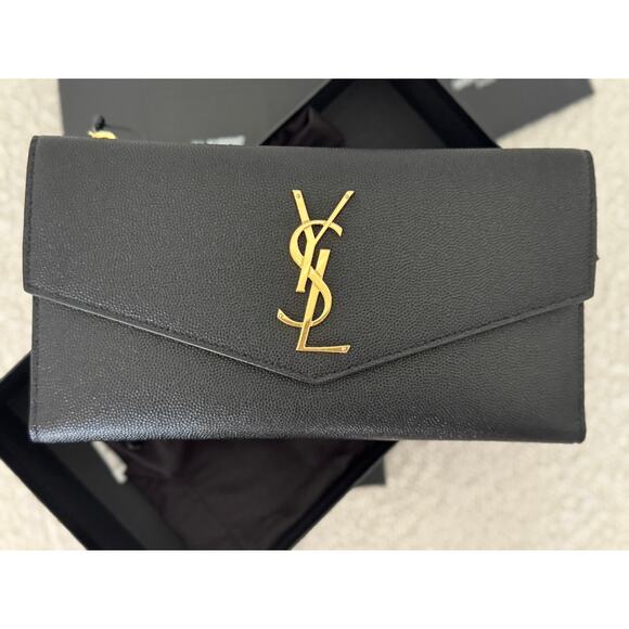 Saint Laurent Large Uptown Black Leather Wallet YSL Monogram Gold Hardware NIB - Picture 6 of 13